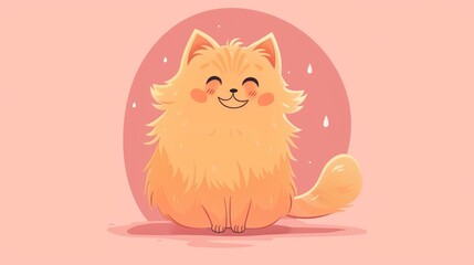 Happy fluffy pink and yellow cartoon cat illustration in cute style for stock photos