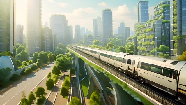The cityscape with buildings and green trees, futuristic electric train, flying cars and airships floating above the sky. Future world, Future of urban. Transportation concept	