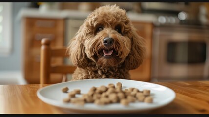 Labradoodle has a happy expression on his face. About to eat. pet food business.