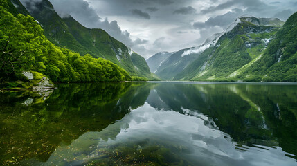 A serene mountain lake surrounded by lush green forests, reflecting the majestic peaks under a cloudy sky - Powered by Adobe