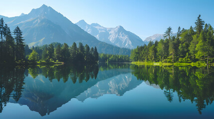 A serene mountain lake surrounded by lush green forests, reflecting the clear blue sky and majestic peaks - Powered by Adobe