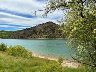 Beautiful view of Fiastra lake in the spring season, Marche region, Italy