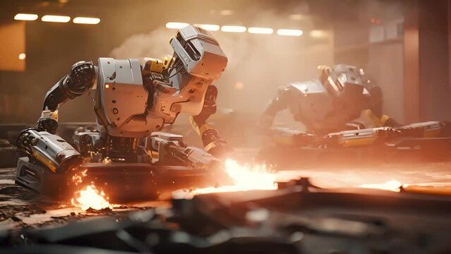 Robot artificial intelligence severely damaged having smoke rises and sparks emerge resembling a malfunction due to overwork	