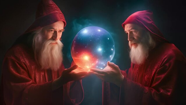 Two wizards with a white beard holding circles, set on a magic. Two wizards in a coat they are helping each other to recite mantras and cast magical spells	
