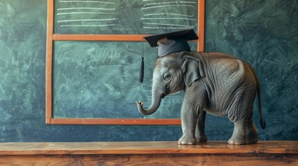Baby elephant graduate standing in classroom wearing a graduation cap, chalkboard in the background