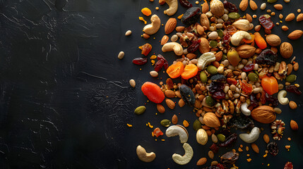 an exotic dry fruits mix, blank dark background,