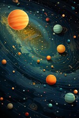 There are swirling patterns in the background that add to the mystical aura of the galaxy. The overall tone is fantastical and otherworldly, with bright colors contrasting against the dark backdrop.