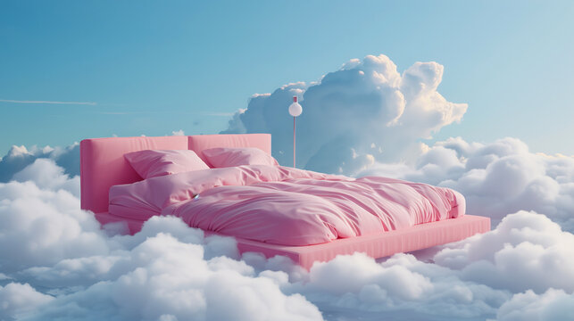 A pink bed with silky sheets and pillows set among fluffy clouds under a blue sky, with a lamp beside it.