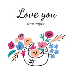 Greeting card with flowers composition, square template with copy space, vector arrangement with flower basket, roses, tulips, dried floral bouquet, greeting card, gift for womens day, mothers day