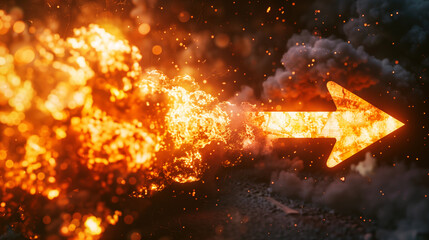 Dramatic image of a glowing arrow sign amidst explosive fiery background with sparks and smoke.