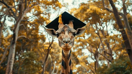 A giraffe wearing a graduation cap, standing tall among towering trees. Education and graduation