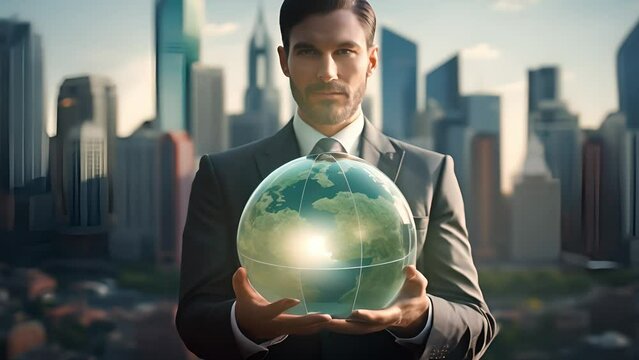 A businessman in suit standing, looking mini green world ball. ECO friendly. Saving, climate change. Sustainable source. Environmental concept