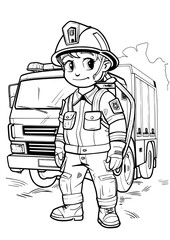 Loader in a helmet  with a truck illustration clip art coloring book black and white for kids and adults isolated line art on white background.