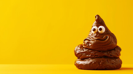 A whimsical poop emoji with eyes and a smile, set against a vivid yellow background.