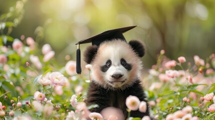 Adorable baby panda sitting in a university garden wearing a graduation cap, blooming flowers around