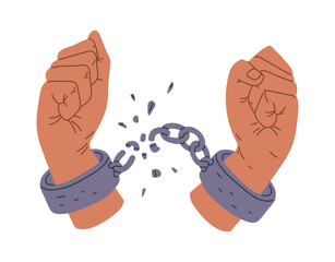 Hands with broken shackles, vector cartoon hands in fists breaking the chain of shackle cuffs, freedom, liberation fight