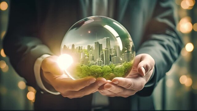Hands holding earth ball. Hands holding crystal earth globe and growing tree. Conservation day, Environment, save clean planet, ecology concept, Earth Day	