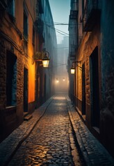 Fototapeta premium mysterious urban alleyways under atmospheric light, street, city, dark, moody, shadows, ambiance, gritty, dramatic, night, noir, cinematic, landscape, cityscape