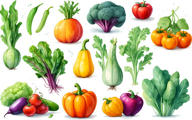 Fototapeta premium Vector vegetables icons set in cartoon style. Collection farm product for restaurant menu, market label.