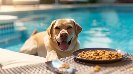 Labrador Retriever has a happy expression on his face. With a plate full of food. Pet food business.