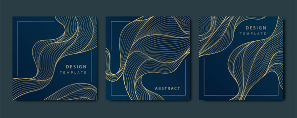 Obraz premium Vector set japanese style wave patterns, sea, organic line textures, line graphic illustrations, Square cards, flow backgrounds, golden on dark.