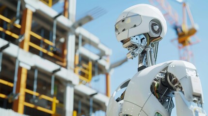 Fototapeta premium Close-up of a futuristic robot at a construction site with cranes and scaffolding in the background.