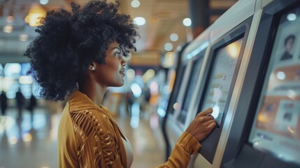 Fototapeta na wymiar Woman Using Interactive Kiosk