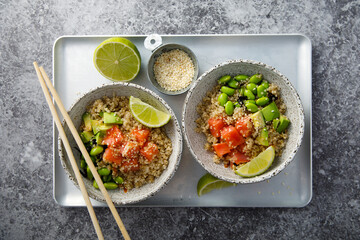 Salmon poke with quinoa and avocado