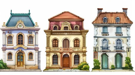 Retro colonial style building cartoon illustration. Old residential and government buildings, Victorian houses isolated on white background.