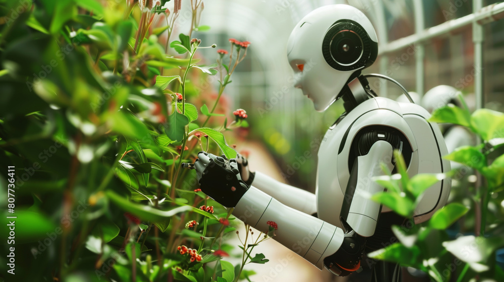 Wall mural A humanoid robot delicately interacting with small red flowers in a lush greenhouse setting.