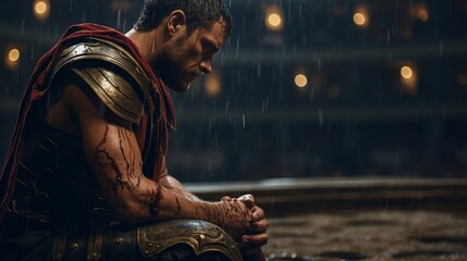Roman gladiator contemplating before battle weighing risks and rewards