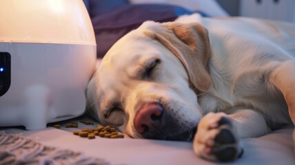 Labrador Retriever looks happy sleeping with a robot Providing dry food.pet food business.