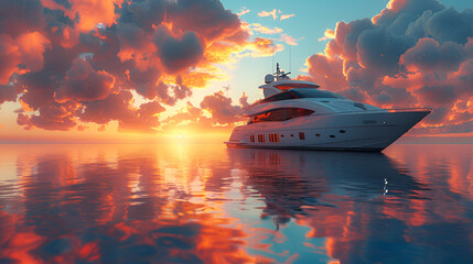 A sleek yacht sits in the calm water at sunset,
Luxury Super yacht cruiser at sunset
