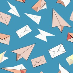 Seamless pattern of paper airplanes and folded origami envelopes, capturing the whimsy and imagination of handwritten correspondence, Generative AI