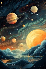 There are swirling patterns in the background that add to the mystical aura of the galaxy. The overall tone is fantastical and otherworldly, with bright colors contrasting against the dark backdrop.