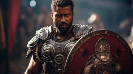 Gladiator holds Roman shield against fierce assault