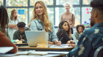 A woman standing in front of a classroom filled with students, teaching a lesson.