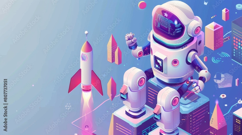 Poster a smart home isometric web banner. a robot with a rocket engine controls house equipment. internet o