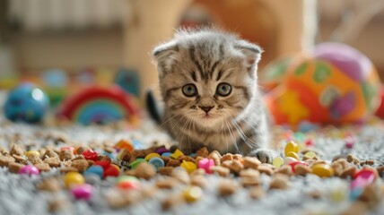 Scottish Fold kittens happily eat dry food. pet food business.