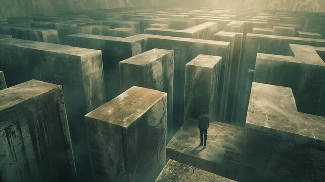 A man stands amidst a vast labyrinth of giant concrete blocks, bathed in mysterious light.