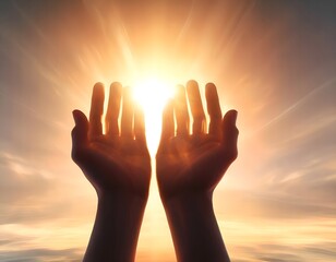 The palms of the hands reach out to the rays of the rising sun