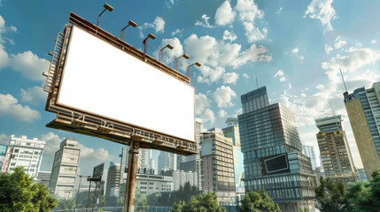 A billboard stands prominently in the bustling cityscape, showcasing an advertisement in a mockup design
