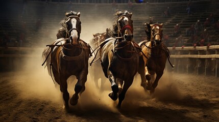 Chariot race in coliseum dust fills air