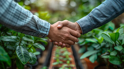 Handshaking between farmers and customers for business partners. Farmer working hydroponic vegetable garden at greenhouse.