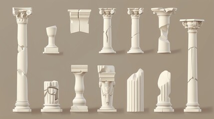 Ancient classic ivory marble, stone Greece classic architecture, antique interior colonnade facade design, realistic 3d modern obelisks set.