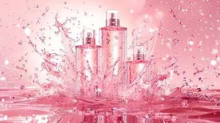 In water splash. Modern realistic brand poster with skincare gel, cream, perfume, or makeup cosmetics in bottles. Promotional banner, advertising background.