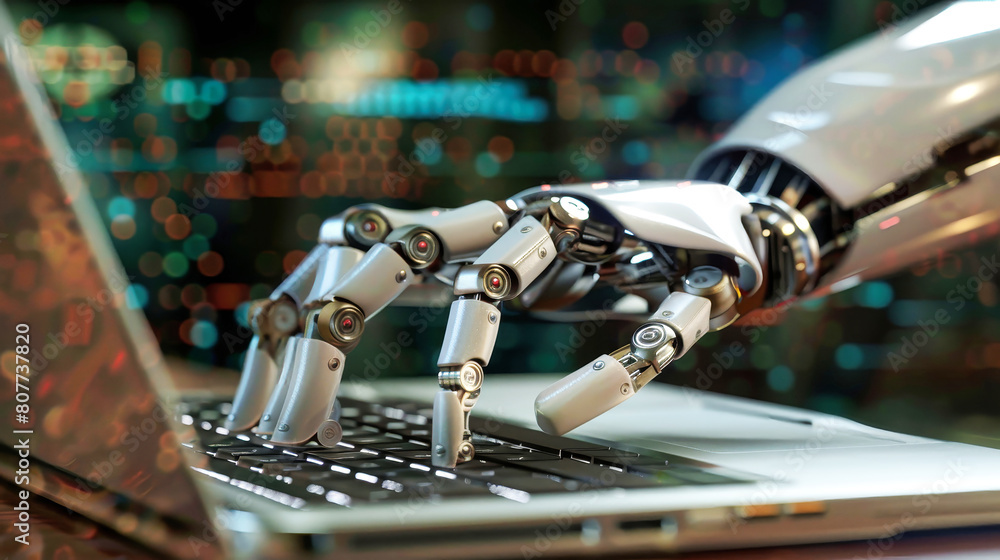 Aufkleber a robotic hand skillfully types on the keys of a laptop, showcasing artificial intelligence in actio