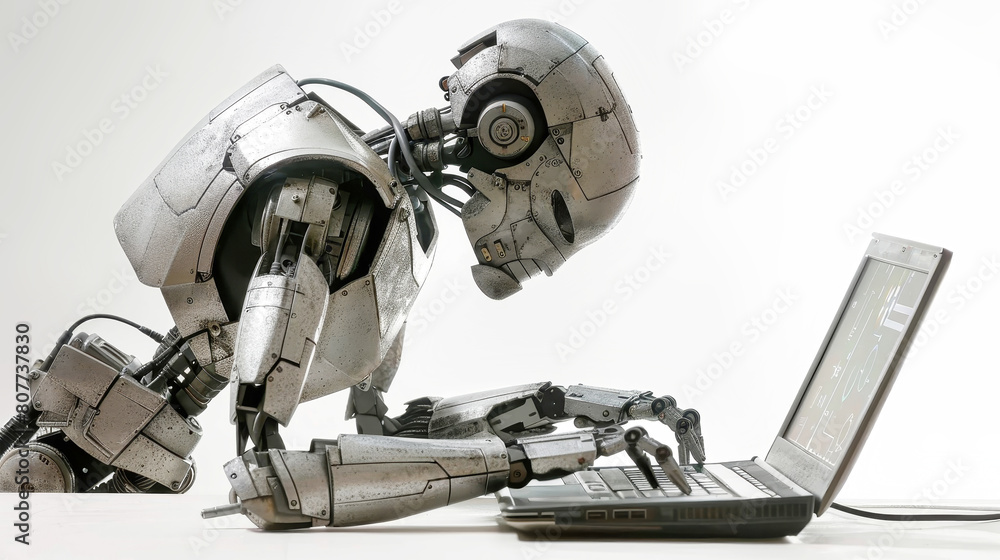 Poster a futuristic robot with mechanical arms types on a laptop computer, showcasing advanced artificial i
