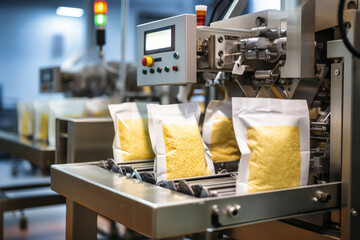 Three bags of rice moving along a conveyor belt in a pasta factory