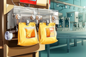 Two bags of pasta hang from a factory machine, ready for processing